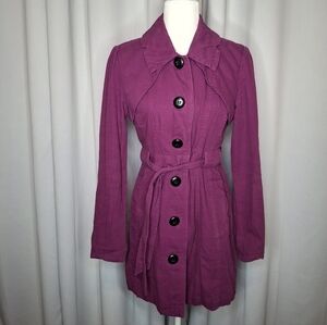 Anthropologie Tulle Women's Trench Coat Purple 100% Cotton Size Large Button Up